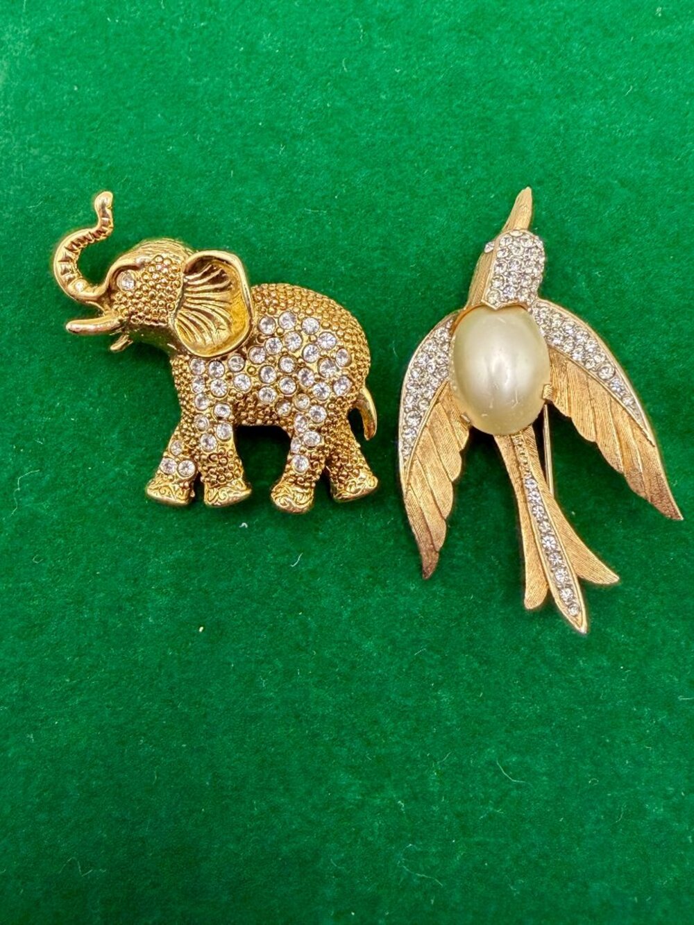 Vintage Gold Tone Rhinestone Elephant & Dove Brooch Bundle